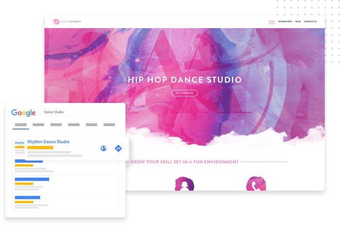 Dance studio website overlaid with dance studio Google search results Google organic search listing dance studio