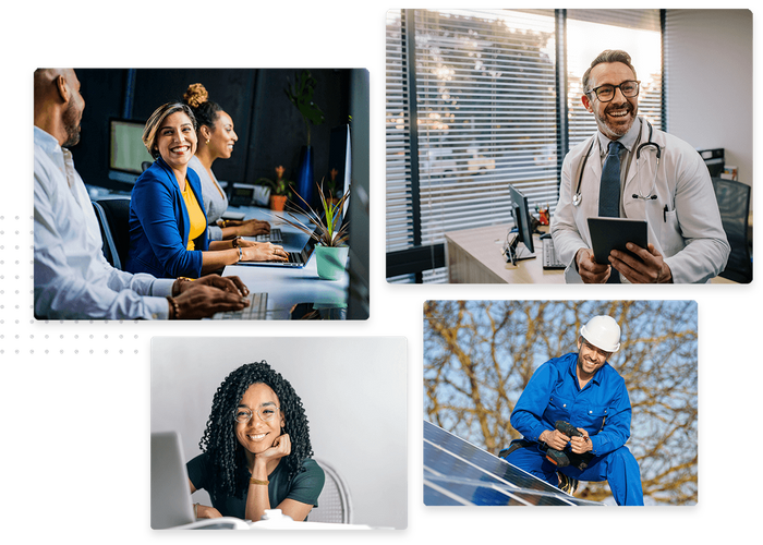 Montage of woman smiling at employee, male doctor, woman at a computer, doctor in an office and man installing solar panels Business owner montage