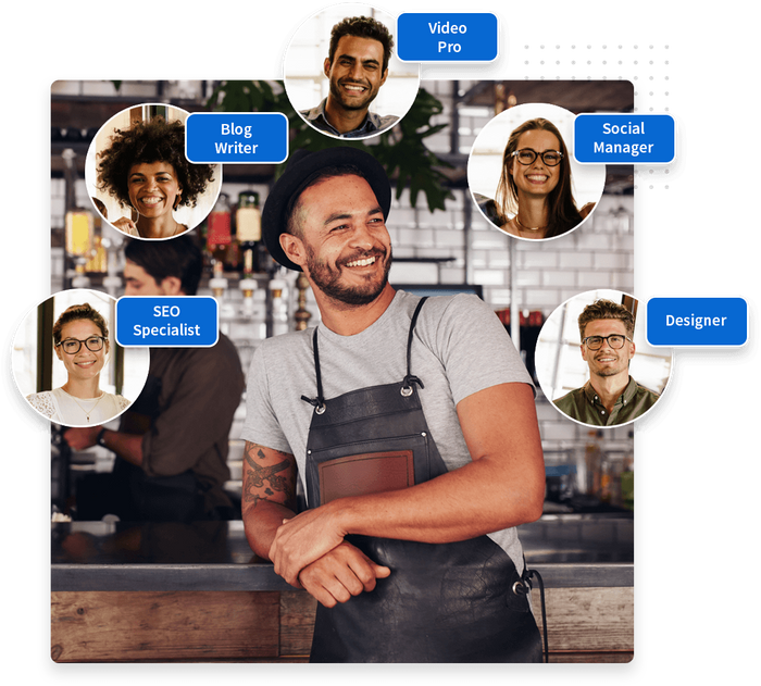 Smiling man leaning against a bar overlaid with marketing team members Bar marketing team