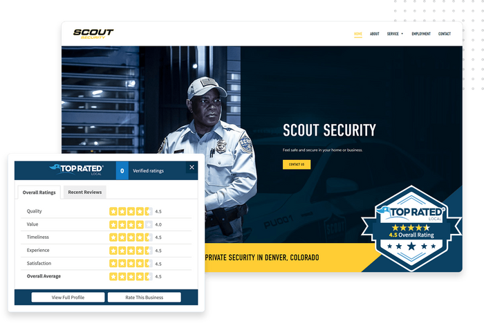 Private security website featuring a Top Rated Local® trust badge overlaid with reviews widget Top Rated Local® trust badge security website