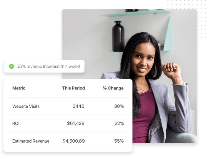 Smiling woman in blazer overlaid with Intelligence digital marketing reports Intelligence digital marketing reports
