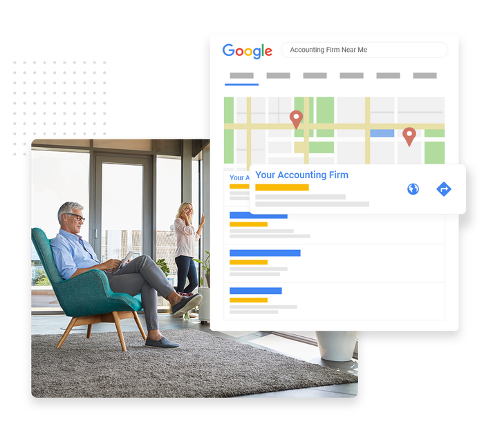 Man sits and looks at tablet while woman talks on the phone overlaid with Google Maps listing for an accountant Accountant SEO