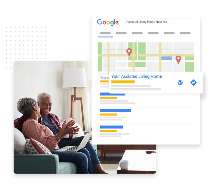 Smiling older couple on a couch with a laptop overlaid with a local Google Maps listing for an assisted living Assisted living SEO