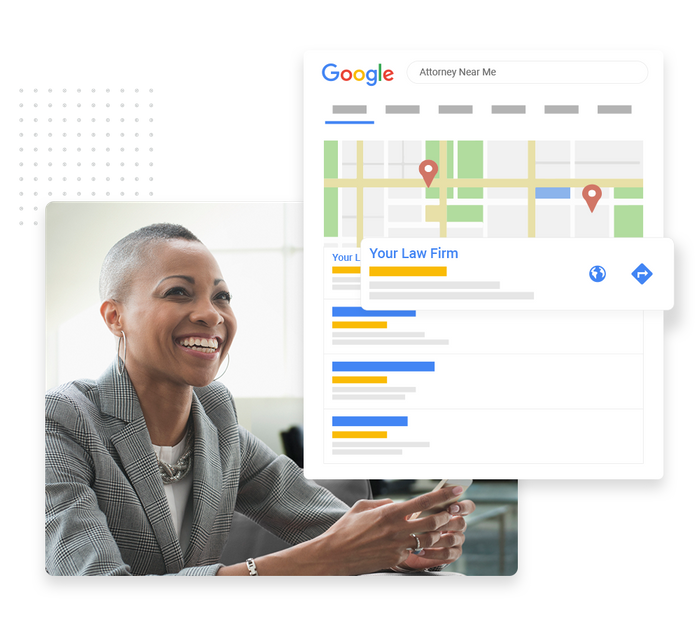 Smiling female lawyer with smartphone overlaid with local Google maps listing for an attorney Lawyer SEO