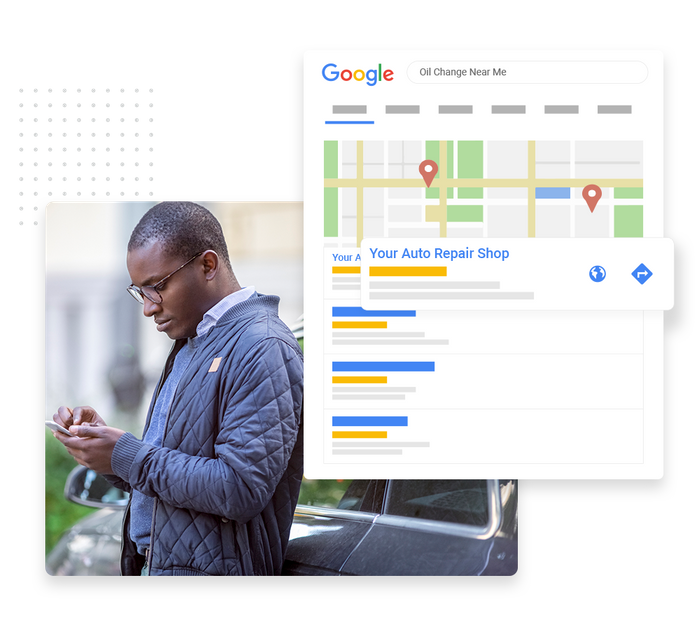 Man leaning against car looking at phone overlaid with local Google maps listing for an auto shop Auto shop SEO
