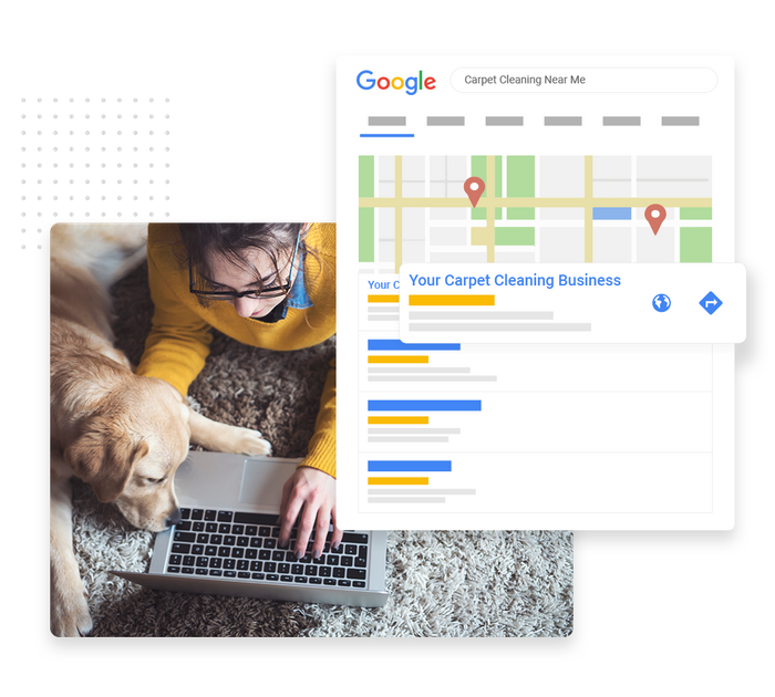 Woman typing on laptop with puppy on the floor overlaid with local Google maps listing for a carpet cleaner Carpet cleaning SEO