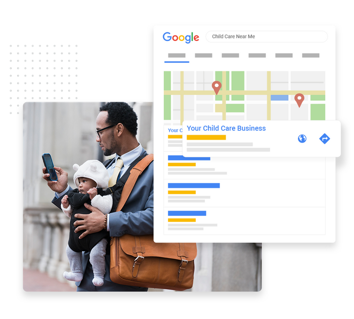 Man holding baby in strap looking at phone overlaid with local Google maps listing for child care Child care SEO
