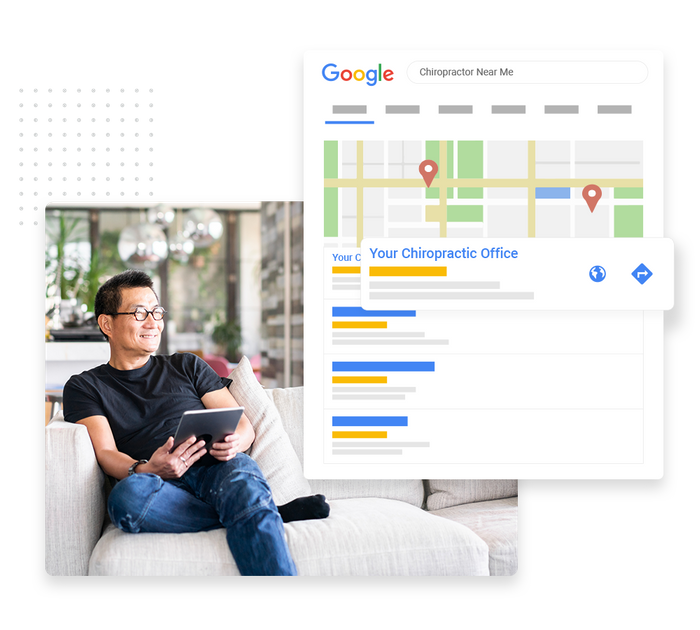 Smiling man sitting on couch and looking at tablet overlaid with local Google maps listing for a chiropractor Chiropractor SEO