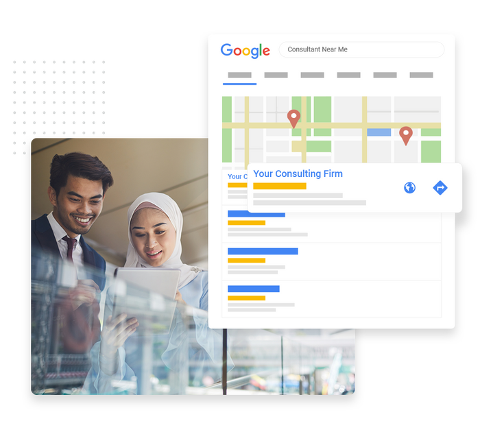 Consultant and client looking at tablet overlaid with local Google maps listing for a consulting firm Consultant SEO