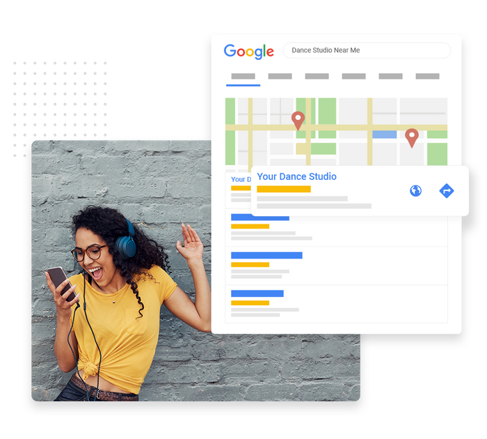 Smiling woman wearing headphone looking at phone overlaid with local Google maps listing for a dance studio Dance studio SEO