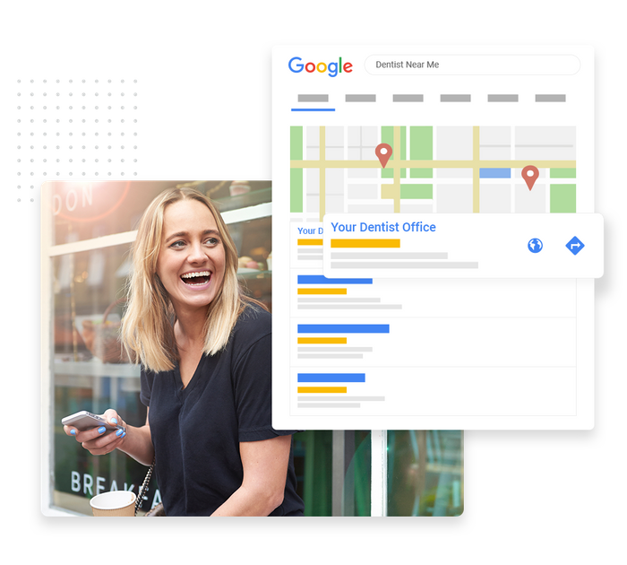 Smiling woman in a store looking at phone overlaid with local Google maps listing for a dentist Dentist SEO
