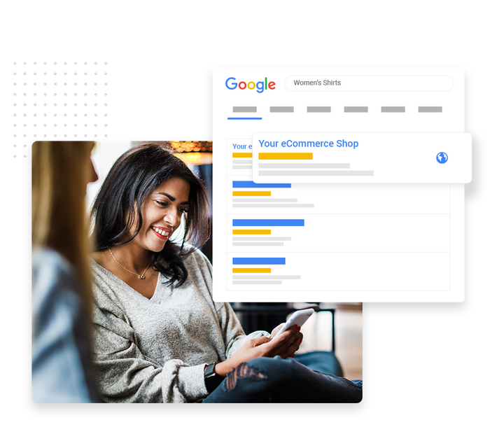 Smiling woman looking at smartphone overlaid with a Google listing for an online store E-commerce SEO