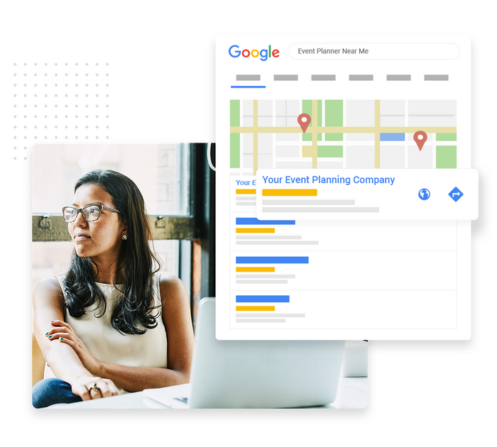 Woman with laptop overlaid with local Google maps listing for an event planner Event planner SEO
