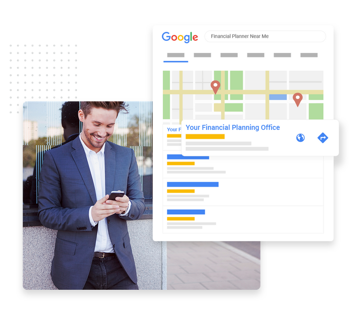 Smiling man looking at smartphone overlaid with local Google maps listing for a financial advisor Financial SEO