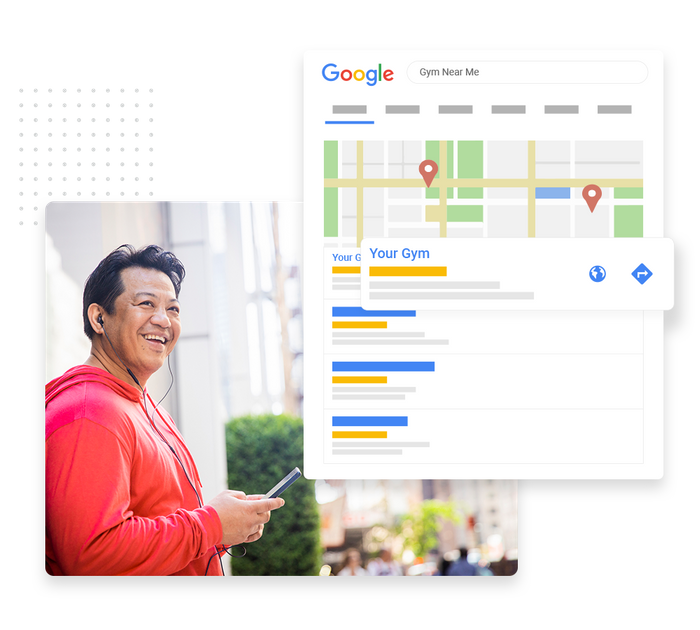 Smiling runner with smartphone overlaid with local Google maps listing for a fitness center Fitness SEO