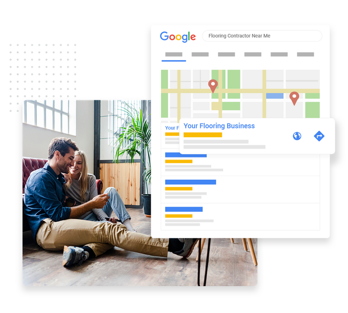 Smiling couple sitting on the floor with a phone overlaid with local Google maps listing for a flooring contractor Flooring SEO