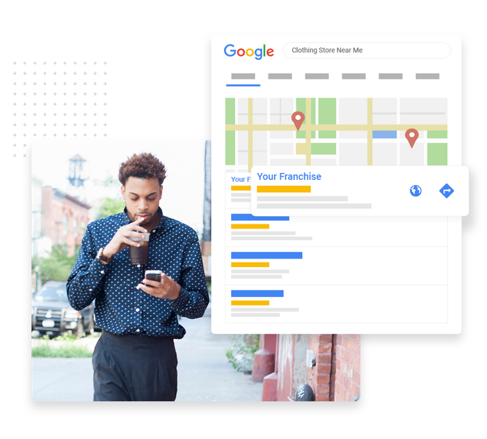 Man sipping on drink looking at phone overlaid with local Google maps listing for a franchise Franchise SEO