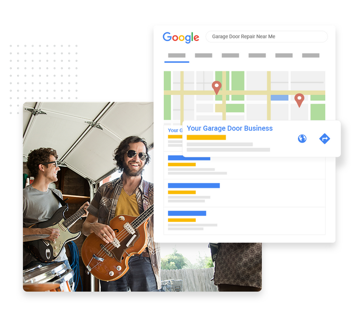 Band playing in a garage overlaid with local Google maps listing for a garage door contractor Garage door contractor SEO