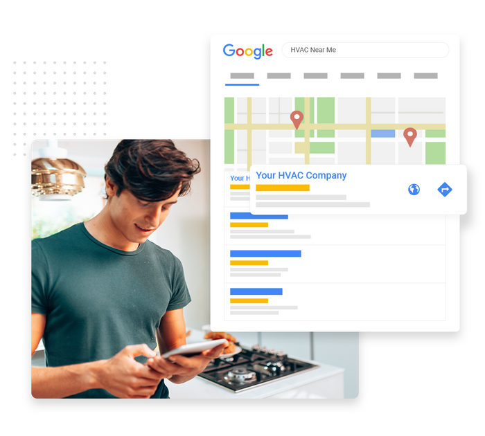 Man in a kitchen looking at a phone overlaid with local Google maps listing for an HVAC company HVAC SEO