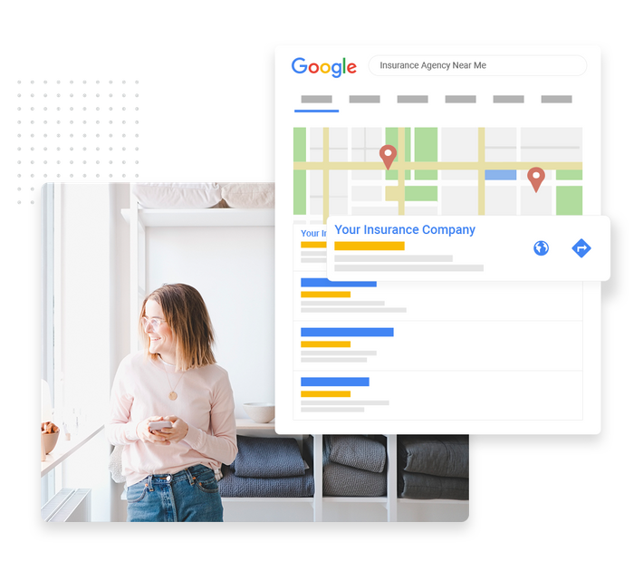 Smiling woman looking out window overlaid with local Google maps listing for an insurance agency insurance SEO