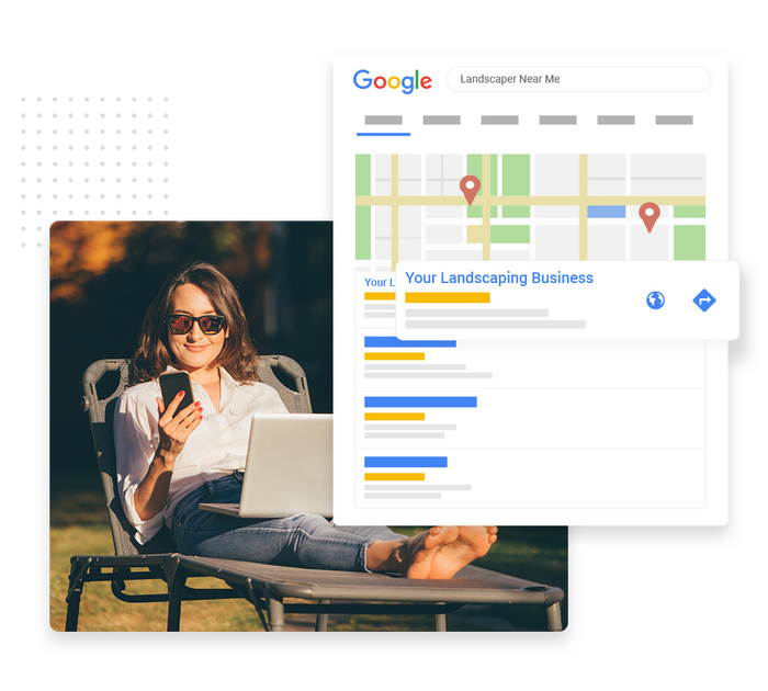 Woman lounging outside with laptop and phone overlaid with local Google maps listing for a landscaper landscaping SEO