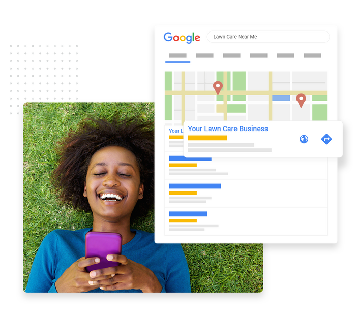 Smiling woman laying on the lawn looking at phone overlaid with local Google maps listing for a lawn care company lawn care SEO