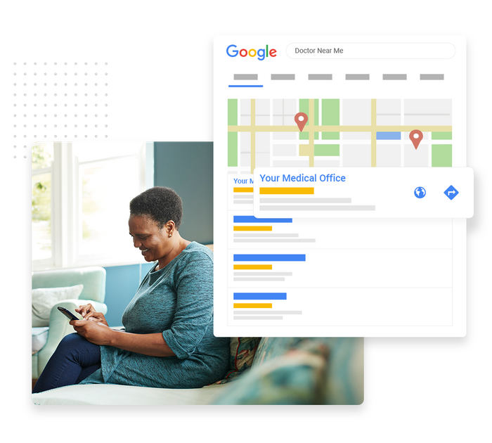 Woman sitting on couch looking at phone overlaid with local Google maps listing for a medical office medical SEO