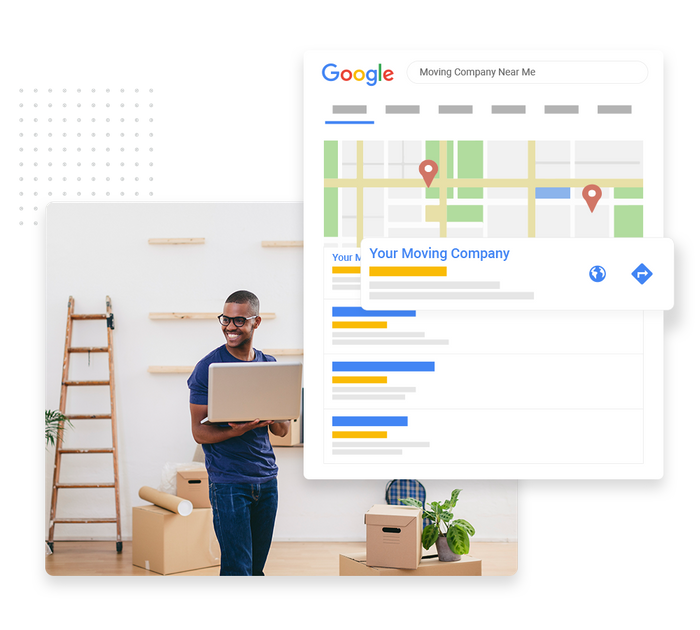 Smiling man with laptop in front of moving boxes overlaid with local Google maps listing for a mover moving company SEO