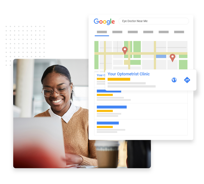 Smiling woman with glasses and laptop overlaid with local Google maps listing for an eye doctor Eye doctor SEO