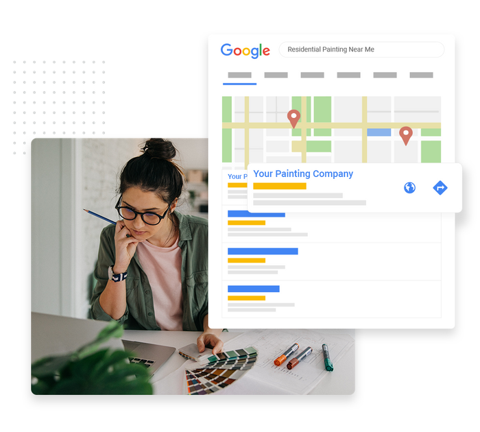 Woman with laptop and paint samples overlaid with local Google maps listing for a painter painter SEO