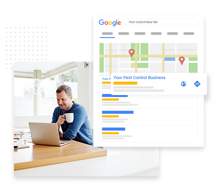 Man with mug looking at laptop overlaid with local Google maps listing for a pest control company pest control SEO