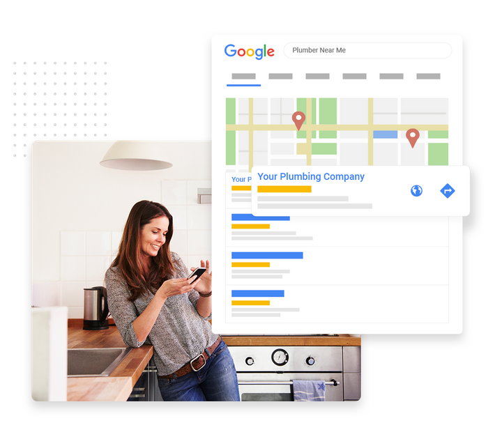 Smiling woman looking at phone overlaid with local Google maps listing for a plumber plumber SEO