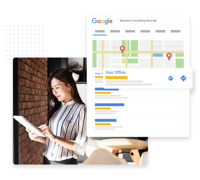 Woman looking at tablet overlaid with local Google maps listing SEO for small businesses