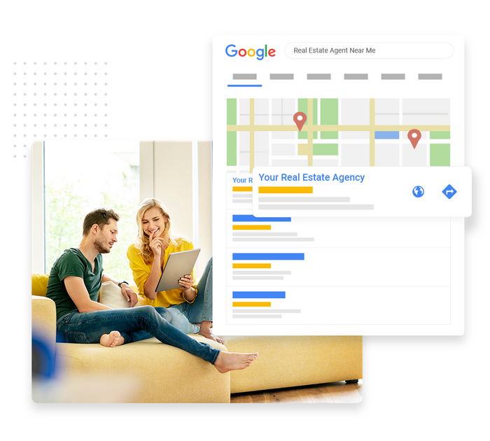 Smiling couple looking at tablet overlaid with local Google maps listing for a real estate agent real estate SEO