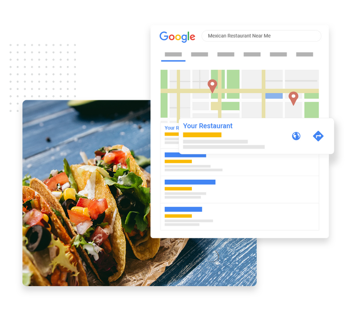 Three tacos overlaid with local Google maps listing for a restaurant restaurant SEO