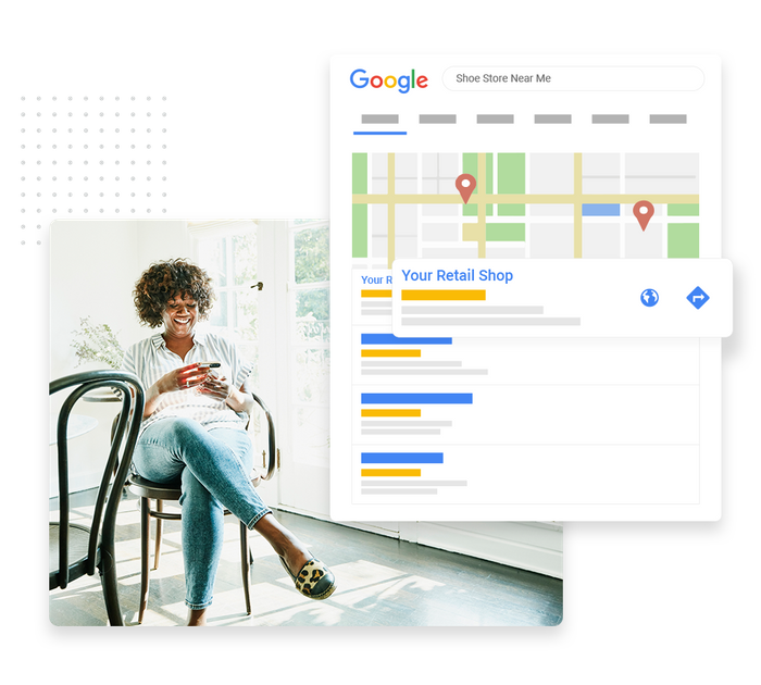 Smiling woman with phone overlaid with local Google maps listing for a retail store retail SEO