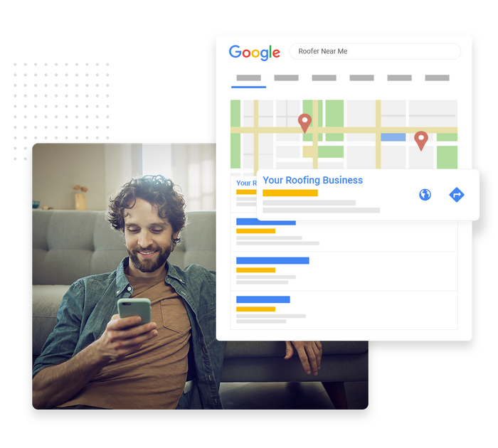 Man looking at phone overlaid with local Google maps listing for a roofer roofer SEO
