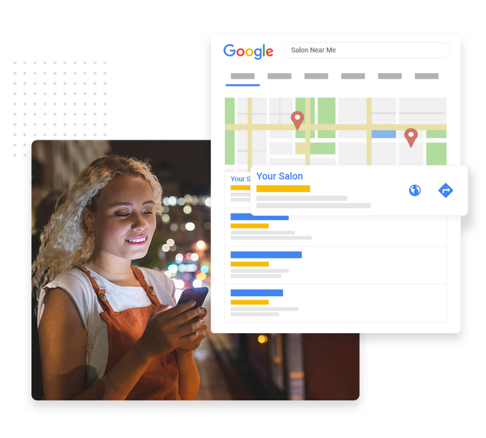 Smiling woman with phone overlaid with local Google maps listing for a hair salon salon SEO