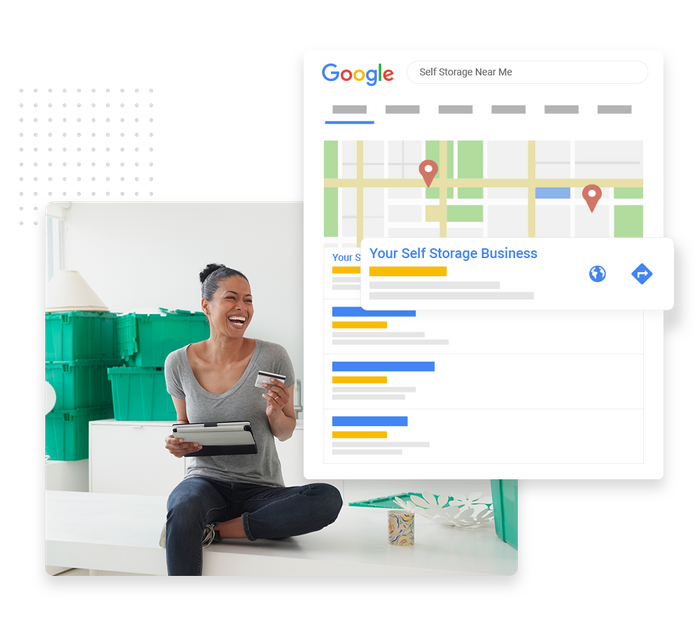 Smiling woman with moving boxes overlaid with local Google maps listing for a self storage center self storage SEO