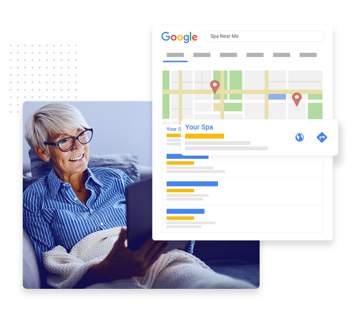 Smiling woman looking at overlaid with local Google maps listing for a spa spa SEO