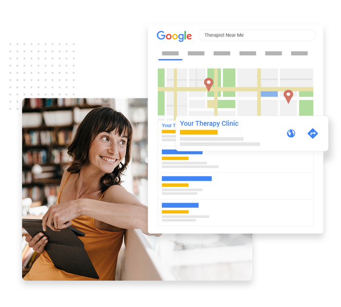 Smiling woman with tablet overlaid with local Google maps listing for a therapy clinic therapist SEO