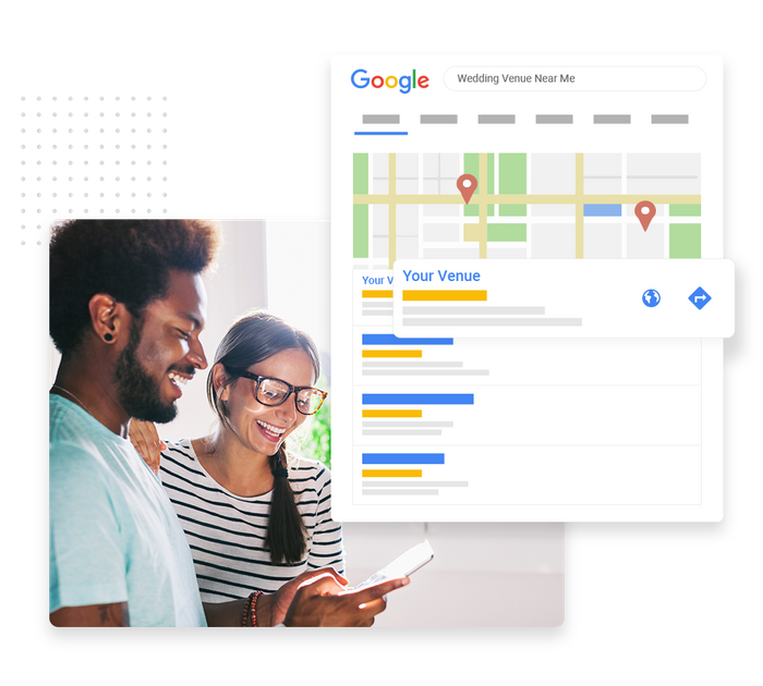 Smiling couple looking at phone overlaid with local Google maps listing for a venue venue SEO