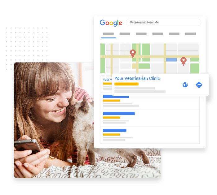 Smiling woman with phone and cat overlaid with local Google maps listing for a veterinarian veterinarian SEO