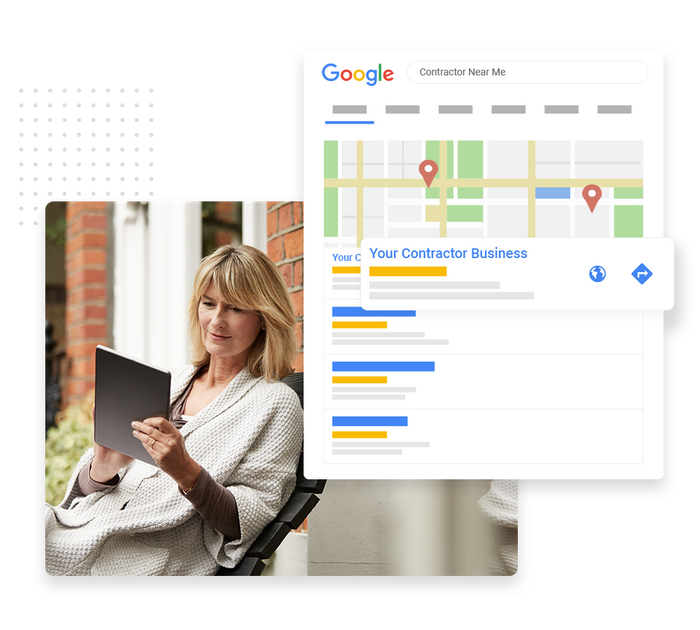 Woman using a tablet overlaid with local Google maps listing for a chiropractor Contractor SEO
