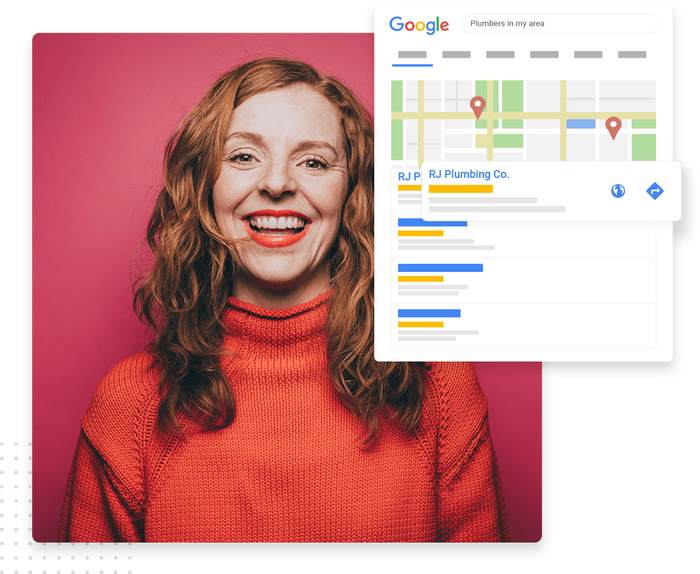 Woman smiling against a red background overlaid with Google local search listing for a plumber Content marketing