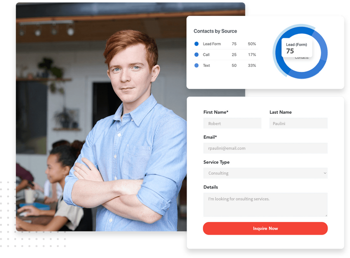 Man smiling and crossing his arms in a restaurant overlaid with contact source graph and contact form Contacts by source chart