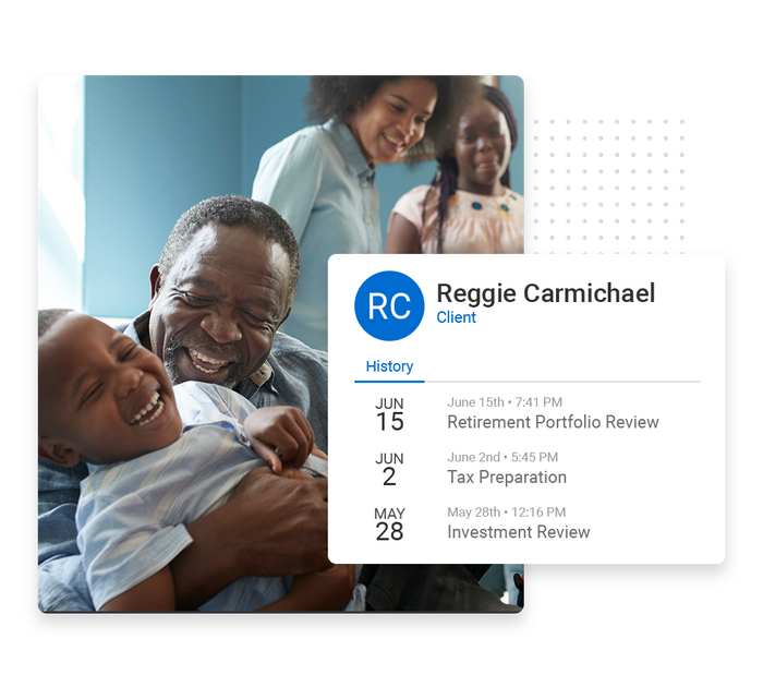 Smiling grandfather and grandchild with parents in the background overlaid with customer history details from the CRM Accountant CRM