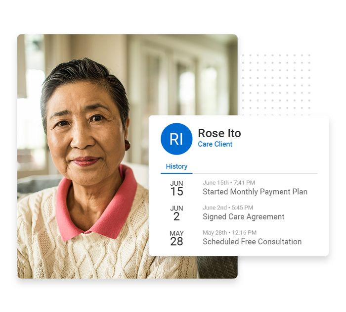 Smiling older woman overlaid with contact history in the Marketing 360® CRM Assisted living CRM