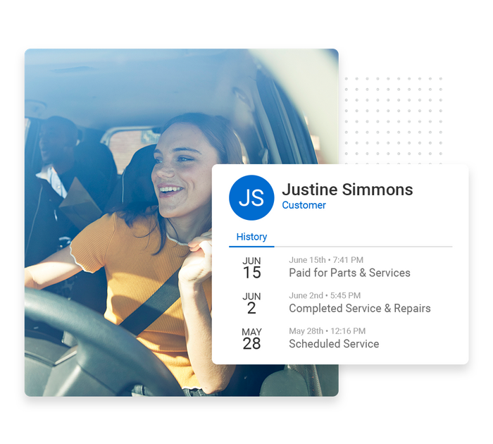 Smiling woman behind the wheel overlaid with client history details from the Marketing 360® CRM Auto shop CRM