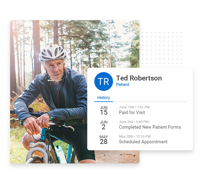 Man on bicycle wearing helmet overlaid with client history details from the Marketing 360® CRM Chiropractic CRM